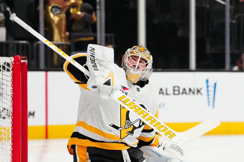 Jan 20, 2024; Las Vegas, Nevada, USA; Pittsburgh Penguins goaltender Tristan Jarry (35) warms up before a game against the Vegas Golden Knights at T-Mobile Arena. Mandatory Credit: Stephen R. Sylvanie-USA TODAY Sports