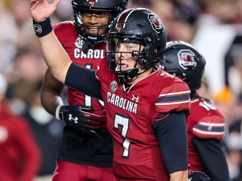 Nov 19, 2022; Columbia, South Carolina, USA; South Carolina Gamecocks quarterback Spencer Rattler (7) celebrates after a touchdown against the Tennessee Volunteers in the second half at Williams-Brice Stadium. Mandatory Credit: Jeff Blake-USA TODAY Sports