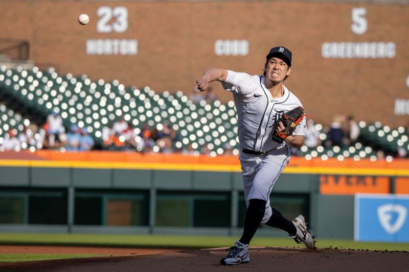 Jun 11, 2024; Detroit, Michigan, USA; Detroit Tigers starting pitcher Kenta Maeda (18) warms up before before the game against the Washington Nationals at Comerica Park. Mandatory Credit: David Reginek-USA TODAY Sports