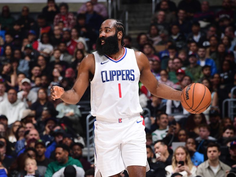 LOS ANGELES, CA - MARCH 17: James Harden #1 of the LA Clippers dribbles the ball during the game against the Atlanta Hawks on March 17, 2024 at Crypto.Com Arena in Los Angeles, California. NOTE TO USER: User expressly acknowledges and agrees that, by downloading and/or using this Photograph, user is consenting to the terms and conditions of the Getty Images License Agreement. Mandatory Copyright Notice: Copyright 2024 NBAE (Photo by Adam Pantozzi/NBAE via Getty Images)