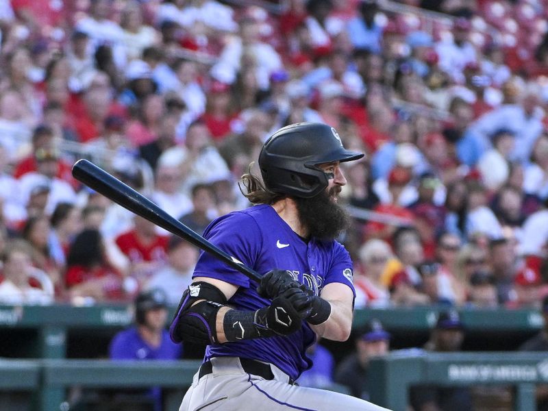 Jun 6, 2024; St. Louis, Missouri, USA;  Colorado Rockies designated hitter Charlie Blackmon (19) drives in a run as he hits into a fielders choice against the St. Louis Cardinals during the third inning at Busch Stadium. Mandatory Credit: Jeff Curry-USA TODAY Sports