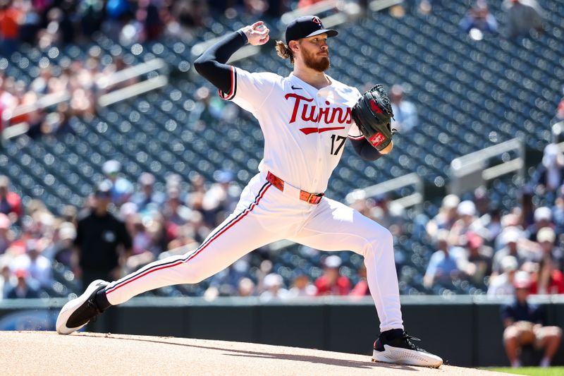May 8, 2025; Minneapolis, Minnesota, USA; Minnesota Twins pitcher Bailey Ober (17) delivers a pitch against the Baltimore Orioles during the first inning at Target Field. Mandatory Credit: Matt Krohn-Imagn Images