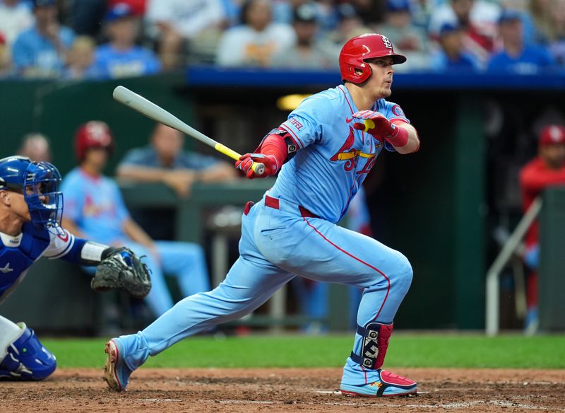 Aug 10, 2024; Kansas City, Missouri, USA; St. Louis Cardinals second baseman Nolan Gorman (16) hits a single against the Kansas City Royals during the seventh inning at Kauffman Stadium. Mandatory Credit: Jay Biggerstaff-USA TODAY Sports