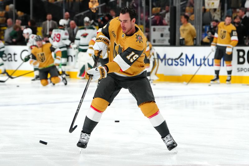 Apr 22, 2025; Las Vegas, Nevada, USA; Vegas Golden Knights right wing Reilly Smith (19) warms up before the start of game two of the first round of the 2025 Stanley Cup Playoffs against the Minnesota Wild at T-Mobile Arena. Mandatory Credit: Stephen R. Sylvanie-Imagn Images