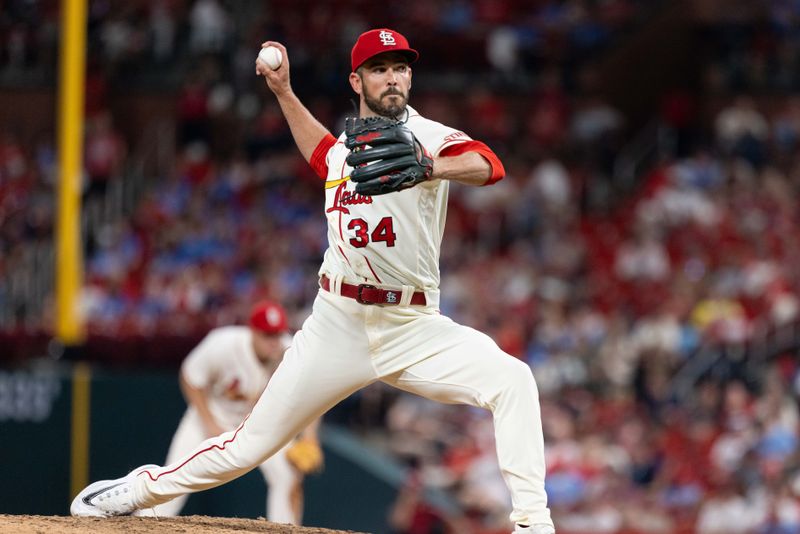 Sep 30, 2023; St. Louis, Missouri, USA; St. Louis Cardinals relief pitcher Drew VerHagen (34) pitches against the Cincinnati Reds in the sixth inning at Busch Stadium. Mandatory Credit: Zach Dalin-USA TODAY Sports