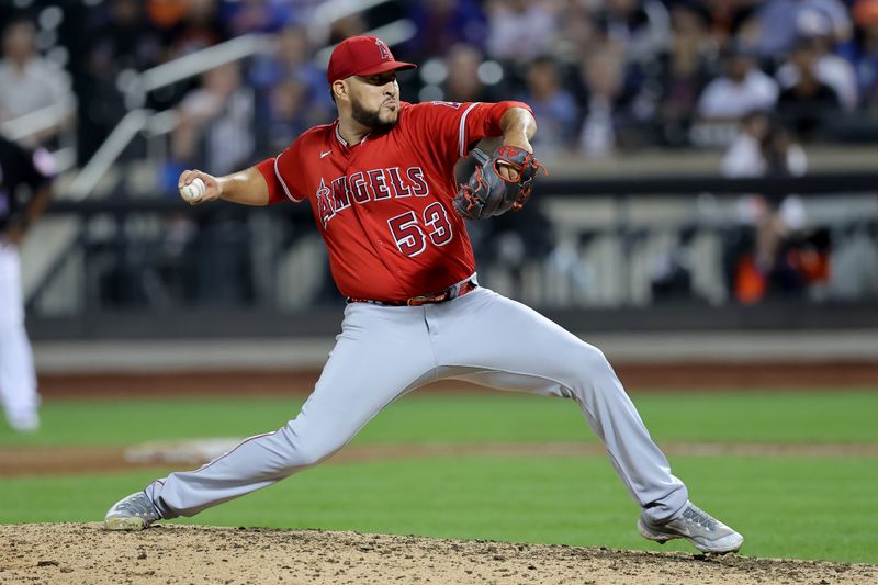 Aug 25, 2023; New York City, New York, USA; Los Angeles Angels relief pitcher Carlos Estevez (53) pitches against the New York Mets during the ninth inning at Citi Field. Mandatory Credit: Brad Penner-USA TODAY Sports