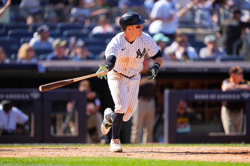 May 28, 2023; Bronx, New York, USA; New York Yankees center fielder Harrison Bader (22) watches his home run against the San Diego Padres during the eighth inning at Yankee Stadium. Mandatory Credit: Gregory Fisher-USA TODAY Sports