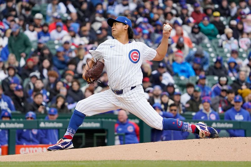 Apr 7, 2024; Chicago, Illinois, USA; Chicago Cubs pitcher Shota Imanaga (18) pitches against the Los Angeles Dodgers during the first inning at Wrigley Field. Mandatory Credit: David Banks-USA TODAY Sports