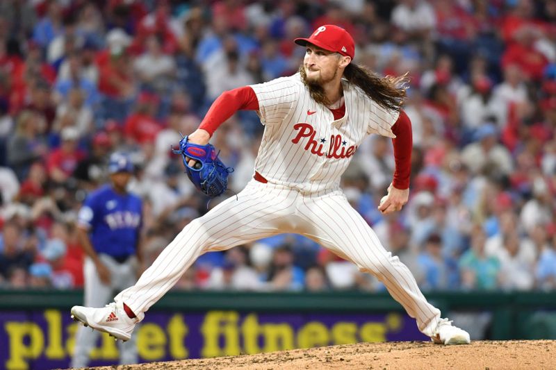 May 22, 2024; Philadelphia, Pennsylvania, USA; Philadelphia Phillies pitcher Matt Strahm (25) throws a pitch during the sixth inning against the Texas Rangers at Citizens Bank Park. Mandatory Credit: Eric Hartline-USA TODAY Sports