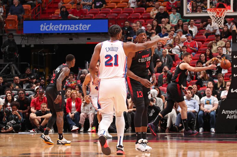 MIAMI, FL - APRIL 4: Joel Embiid #21 of the Philadelphia 76ers celebrates during the game against the Miami Heat on April 4, 2024 at Kaseya Center in Miami, Florida. NOTE TO USER: User expressly acknowledges and agrees that, by downloading and or using this Photograph, user is consenting to the terms and conditions of the Getty Images License Agreement. Mandatory Copyright Notice: Copyright 2024 NBAE (Photo by Issac Baldizon/NBAE via Getty Images)