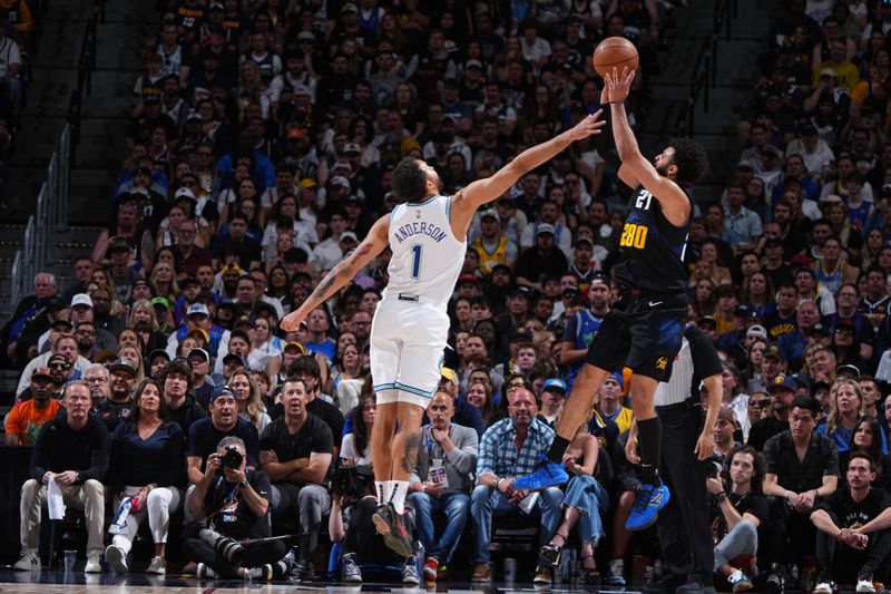 DENVER, CO - MAY 19:  Kyle Anderson #1 of the Minnesota Timberwolves plays defense during the game  against Jamal Murray #27 of the Denver Nuggets during Round 2 Game 7 of the 2024 NBA Playoffs  on May 19, 2024 at the Ball Arena in Denver, Colorado. NOTE TO USER: User expressly acknowledges and agrees that, by downloading and/or using this Photograph, user is consenting to the terms and conditions of the Getty Images License Agreement. Mandatory Copyright Notice: Copyright 2024 NBAE (Photo by Garrett Ellwood/NBAE via Getty Images)