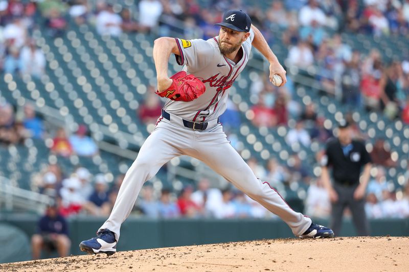 Aug 28, 2024; Minneapolis, Minnesota, USA; Atlanta Braves starting pitcher Chris Sale (51) delivers a pitch against the Minnesota Twins during the second inning at Target Field. Mandatory Credit: Matt Krohn-USA TODAY Sports