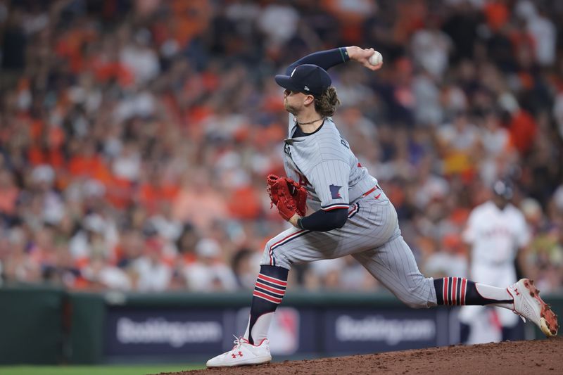 Oct 7, 2023; Houston, Texas, USA; Minnesota Twins relief pitcher Chris Paddack (20) throws pitch in the sixth inning against the Houston Astros during game one of the ALDS for the 2023 MLB playoffs at Minute Maid Park. Mandatory Credit: Erik Williams-USA TODAY Sports