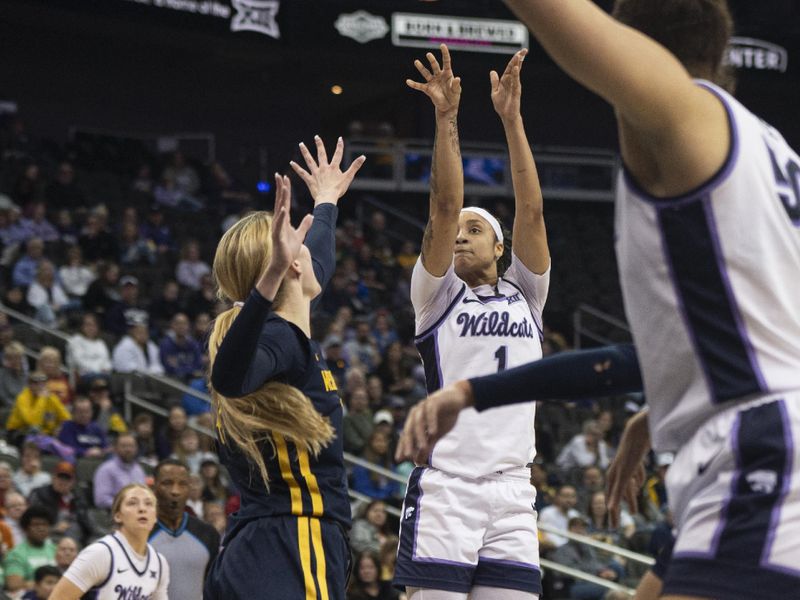 Mar 9, 2024; Kansas City, MO, USA; Kansas State Wildcats guard Zyanna Walker (1) shoots the ball while defended by West Virginia Mountaineers forward Kylee Blacksten (14) during the second half at T-Mobile Center. Mandatory Credit: Amy Kontras-USA TODAY Sports