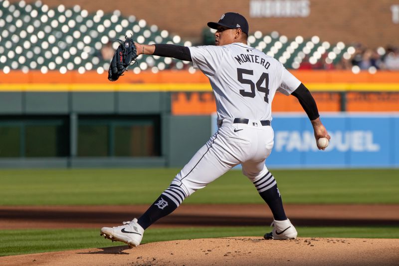 Jul 8, 2024; Detroit, Michigan, USA; Detroit Tigers starting pitcher Keider Montero (54) delivers in the first inning against the Cleveland Guardians at Comerica Park. Mandatory Credit: David Reginek-USA TODAY Sports