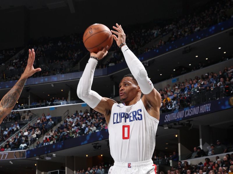 MEMPHIS, TN - FEBRUARY 23: Russell Westbrook #0 of the LA Clippers shoots a three point basket during the game against the Memphis Grizzlies on February 23, 2024 at FedExForum in Memphis, Tennessee. NOTE TO USER: User expressly acknowledges and agrees that, by downloading and or using this photograph, User is consenting to the terms and conditions of the Getty Images License Agreement. Mandatory Copyright Notice: Copyright 2024 NBAE (Photo by Joe Murphy/NBAE via Getty Images)