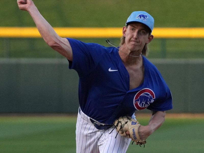 Mar 6, 2025; Mesa, Arizona, USA; Chicago Cubs pitcher Ben Brown (32) throws against the Kansas City Royals in the first inning at Sloan Park. Mandatory Credit: Rick Scuteri-Imagn Images