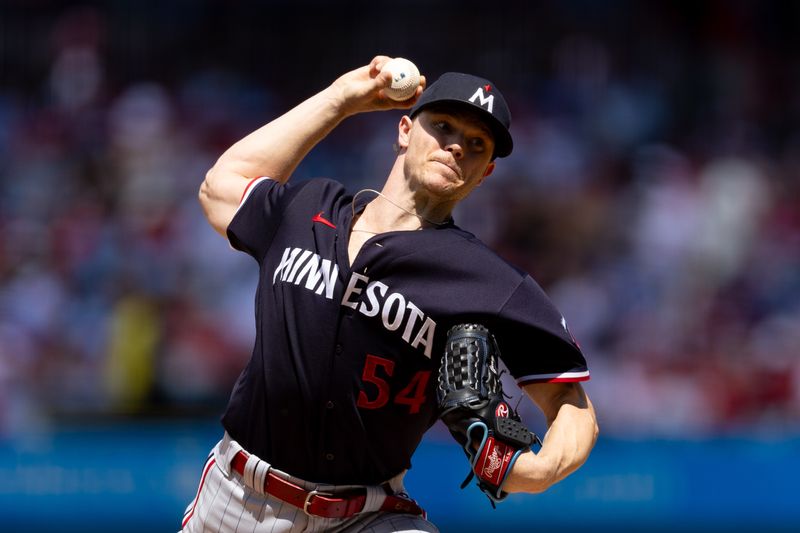 Aug 13, 2023; Philadelphia, Pennsylvania, USA; Minnesota Twins starting pitcher Sonny Gray (54) throws a pitch during the second inning against the Philadelphia Phillies at Citizens Bank Park. Mandatory Credit: Bill Streicher-USA TODAY Sports