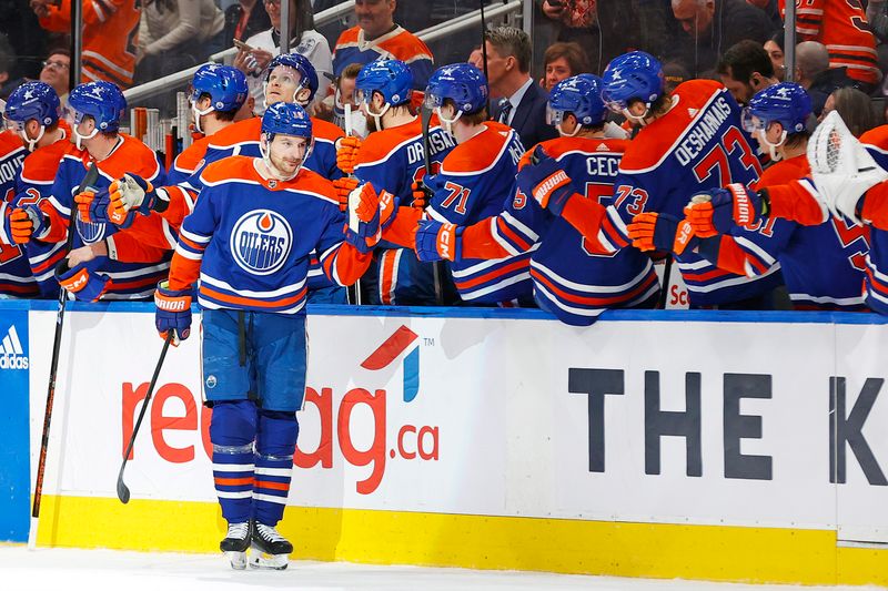 Mar 13, 2024; Edmonton, Alberta, CAN; The Edmonton Oilers celebrate a goal scored by forward Zach Hyman (18) during the second period against the Washington Capitals at Rogers Place. Mandatory Credit: Perry Nelson-USA TODAY Sports