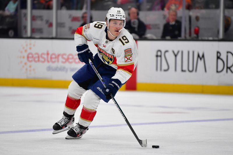 Jan 21, 2025; Anaheim, California, USA; Florida Panthers left wing Matthew Tkachuk (19) controls the puck against the Anaheim Ducks during the third period at Honda Center. Mandatory Credit: Gary A. Vasquez-Imagn Images