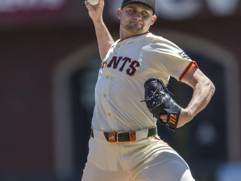 Apr 28, 2024; San Francisco, California, USA;  San Francisco Giants starting pitcher Keaton Winn (67) throws against the Pittsburgh Pirates during the first inning at Oracle Park. Mandatory Credit: John Hefti-USA TODAY Sports