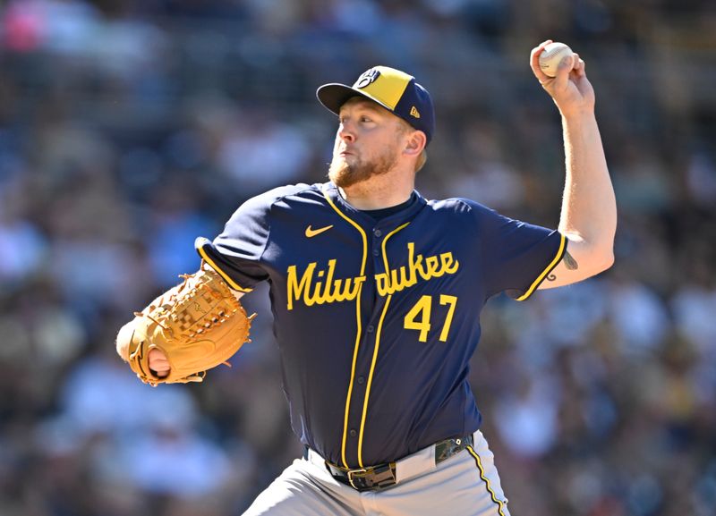 Sep 24, 2025; San Diego, California, USA; Milwaukee Brewers relief pitcher Jared Koenig (47) delivers during the eighth inning against the San Diego Padres at Petco Park. Mandatory Credit: Denis Poroy-Imagn Images