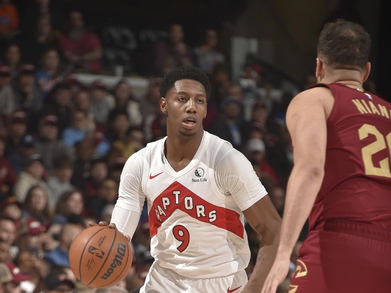 CLEVELAND, OH - JANUARY 9: RJ Barrett #9 of the Toronto Raptors dribbles the ball during the game against the Cleveland Cavaliers on January 9, 2025 at Rocket Mortgage FieldHouse in Cleveland, Ohio. NOTE TO USER: User expressly acknowledges and agrees that, by downloading and/or using this Photograph, user is consenting to the terms and conditions of the Getty Images License Agreement. Mandatory Copyright Notice: Copyright 2025 NBAE (Photo by David Liam Kyle/NBAE via Getty Images)