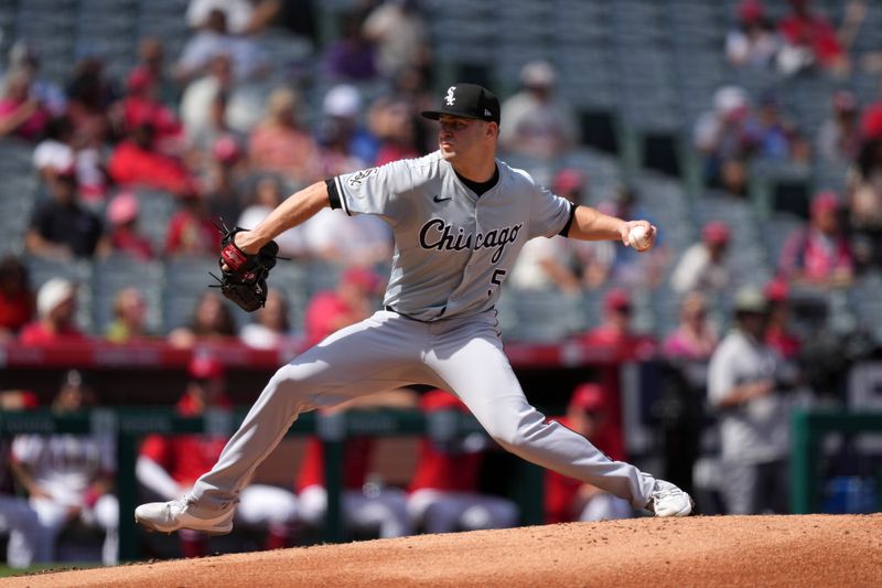 Sep 18, 2024; Anaheim, California, USA; Chicago White Sox relief pitcher Jared Shuster (51) throws in the second inning against the Los Angeles Angels at Angel Stadium. Mandatory Credit: Kirby Lee-Imagn Images