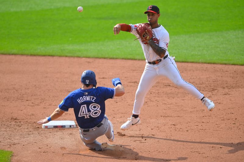 Jun 22, 2024; Cleveland, Ohio, USA; Cleveland Guardians shortstop Brayan Rocchio (4) turns a double play beside Toronto Blue Jays first baseman Spencer Horwitz (48) in the sixth inning at Progressive Field. Mandatory Credit: David Richard-USA TODAY Sports