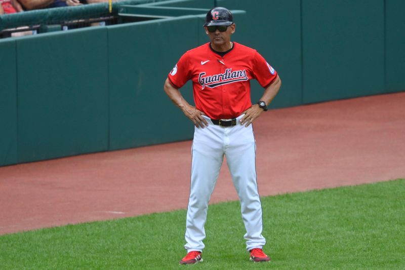 Jun 23, 2024; Cleveland, Ohio, USA; Cleveland Guardians third base and infield coach Rouglas Odor (53) stands on the field in the second inning against the Toronto Blue Jays at Progressive Field. Mandatory Credit: David Richard-USA TODAY Sports