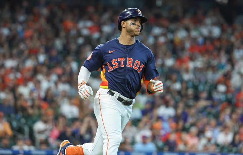 Apr 14, 2024; Houston, Texas, USA; Houston Astros shortstop Jeremy Pena (3) runs to first base on a single during the fourth inning against the Texas Rangers at Minute Maid Park. Mandatory Credit: Troy Taormina-USA TODAY Sports