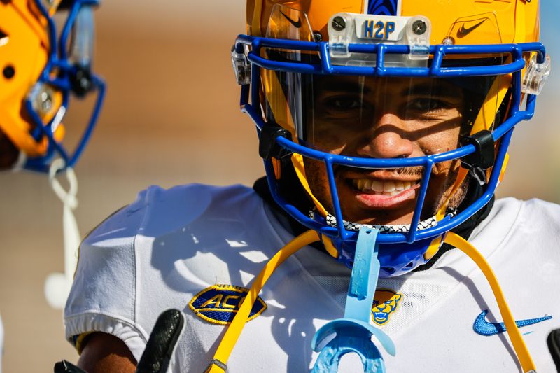 Nov 25, 2023; Durham, North Carolina, USA; Pittsburgh Panthers tight end Malcolm Epps (7) smiles before the first half of the game against Duke Blue Devils at Wallace Wade Stadium. Mandatory Credit: Jaylynn Nash-USA TODAY Sports