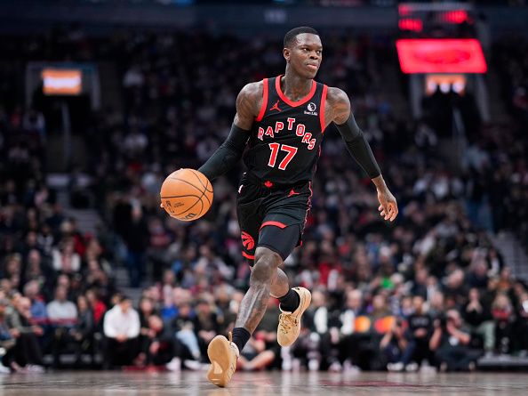 TORONTO, ON - DECEMBER 23: Dennis Schroder #17 of the Toronto Raptors dribbles against the Utah Jazz during the first half of their basketball game at the Scotiabank Arena on December 23, 2023 in Toronto, Ontario, Canada. NOTE TO USER: User expressly acknowledges and agrees that, by downloading and/or using this Photograph, user is consenting to the terms and conditions of the Getty Images License Agreement. (Photo by Mark Blinch/Getty Images)