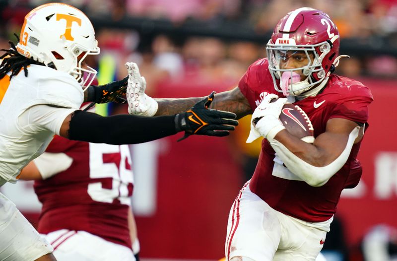 Oct 21, 2023; Tuscaloosa, Alabama, USA; Alabama Crimson Tide running back Jase McClellan (2) carries the ball against the Tennessee Volunteers during the second half at Bryant-Denny Stadium. Mandatory Credit: John David Mercer-USA TODAY Sports