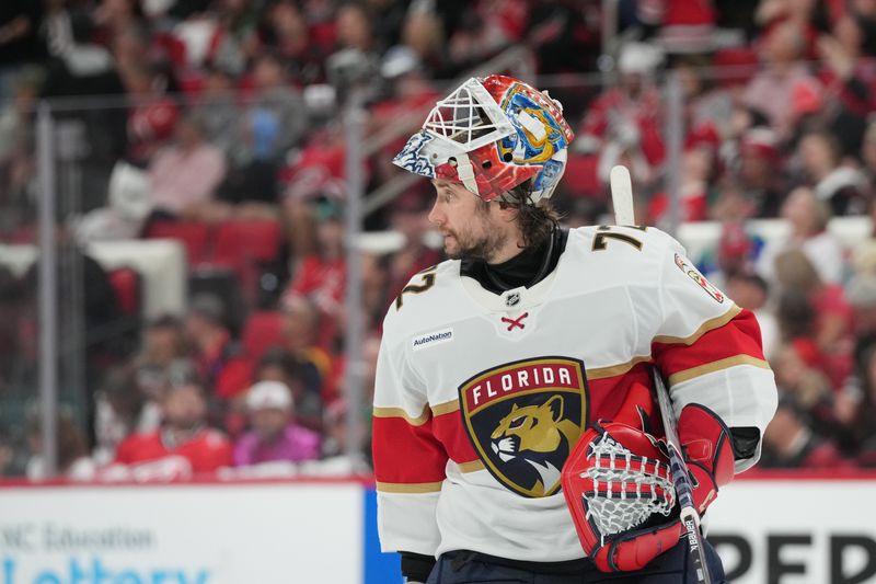 May 22, 2025; Raleigh, North Carolina, USA;  Florida Panthers goaltender Sergei Bobrovsky (72) looks on during the second period against the Carolina Hurricanes in game two of the Eastern Conference Final of the 2025 Stanley Cup Playoffs at Lenovo Center. Mandatory Credit: James Guillory-Imagn Images