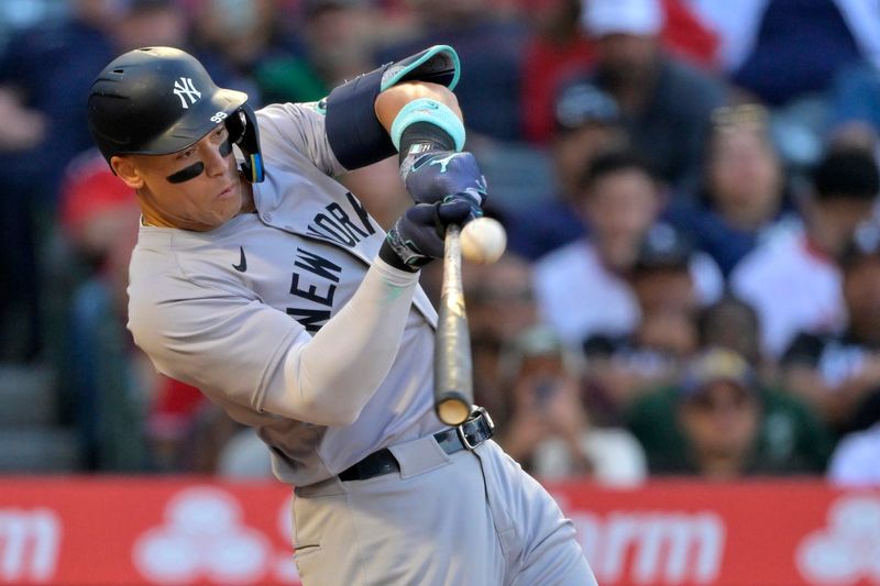May 29, 2024; Anaheim, California, USA; New York Yankees center fielder Aaron Judge (99) flies out in the third inning against the Los Angeles Angels at Angel Stadium. Mandatory Credit: Jayne Kamin-Oncea-USA TODAY Sports