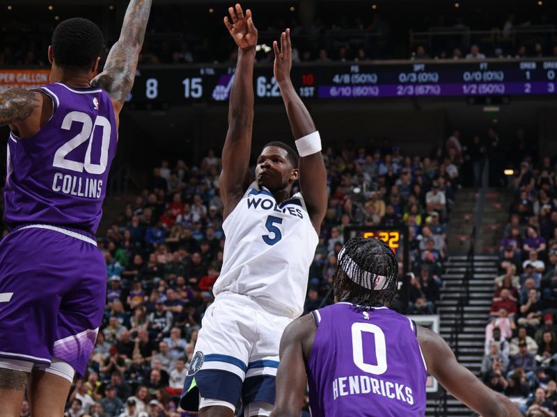 SALT LAKE CITY, UT - MARCH 18: Anthony Edwards #5 of the Minnesota Timberwolves shoots the ball during the game against the Utah Jazz on March 18, 2024 at Delta Center in Salt Lake City, Utah. NOTE TO USER: User expressly acknowledges and agrees that, by downloading and or using this Photograph, User is consenting to the terms and conditions of the Getty Images License Agreement. Mandatory Copyright Notice: Copyright 2024 NBAE (Photo by Melissa Majchrzak/NBAE via Getty Images)