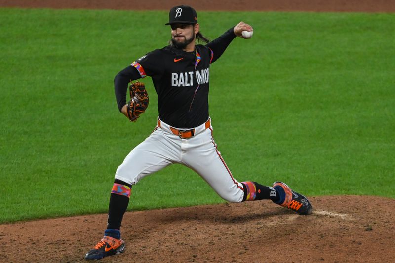 Aug 14, 2024; Baltimore, Maryland, USA; Baltimore Orioles relief pitcher Cionel Perez (58) pitches during the seventh inning against the Washington Nationals  at Oriole Park at Camden Yards. Mandatory Credit: Tommy Gilligan-USA TODAY Sports