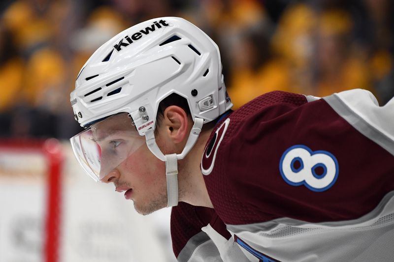 Mar 2, 2024; Nashville, Tennessee, USA; Colorado Avalanche defenseman Cale Makar (8) waits for a face off during the first period against the Nashville Predators at Bridgestone Arena. Mandatory Credit: Christopher Hanewinckel-USA TODAY Sports