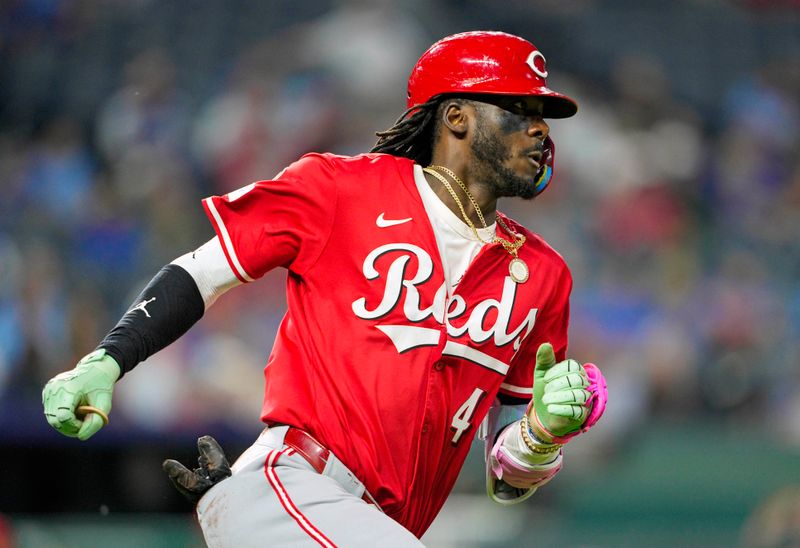 May 28, 2025; Kansas City, Missouri, USA; Cincinnati Reds shortstop Elly De La Cruz (44) runs toward first base after hitting a double during the eighth inning against the Kansas City Royals at Kauffman Stadium. Mandatory Credit: Jay Biggerstaff-Imagn Images