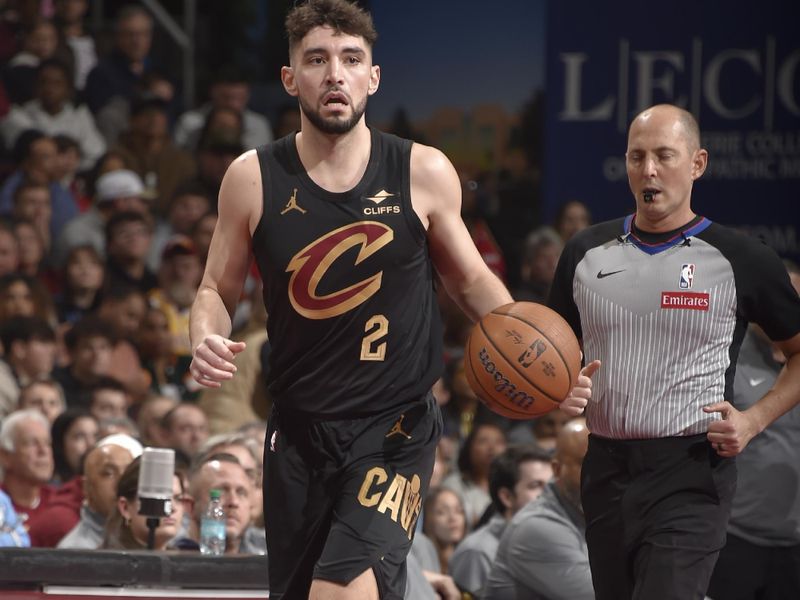 CLEVELAND, OH - November 15: Ty Jerome #2 of the Cleveland Cavaliers dribbles the ball during the game against the Chicago Bulls during the Emirates NBA Cup game on November 15, 2024 at Rocket Mortgage FieldHouse in Cleveland, Ohio. NOTE TO USER: User expressly acknowledges and agrees that, by downloading and/or using this Photograph, user is consenting to the terms and conditions of the Getty Images License Agreement. Mandatory Copyright Notice: Copyright 2024 NBAE (Photo by David Liam Kyle/NBAE via Getty Images)