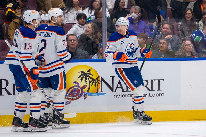 Nov 9, 2024; Vancouver, British Columbia, CAN; Edmonton Oilers forward Adam Henrique (19) and forward Mattias Janmark (13) and defenseman Evan Bouchard (2) and forward Connor Brown (28) celebrate Brown’s second goal of the period against the Vancouver Canucks during the third period at Rogers Arena. Mandatory Credit: Bob Frid-Imagn Images