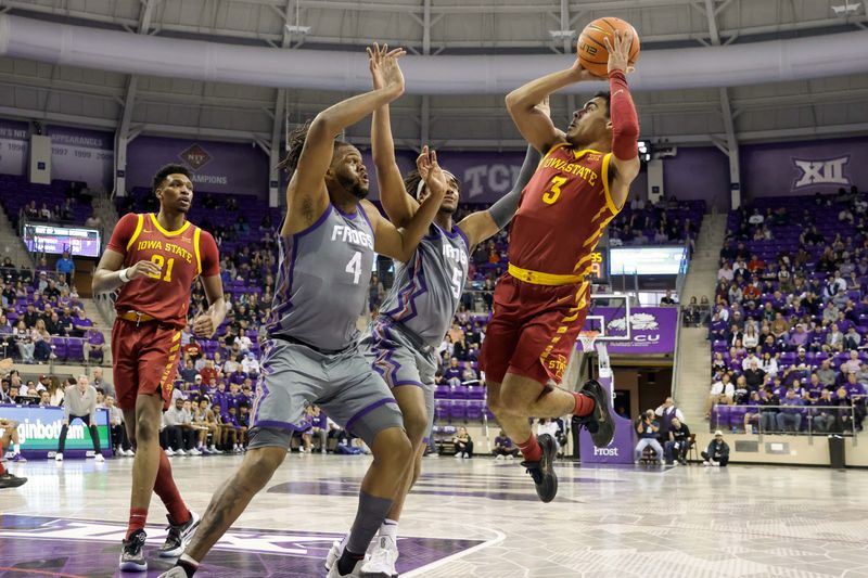 Jan 7, 2023; Fort Worth, Texas, USA; Iowa State Cyclones guard Tamin Lipsey (3) shoots with TCU Horned Frogs center Eddie Lampkin Jr. (4) and forward Chuck O'Bannon Jr. (5) at Ed and Rae Schollmaier Arena. Mandatory Credit: Andrew Dieb-USA TODAY Sports