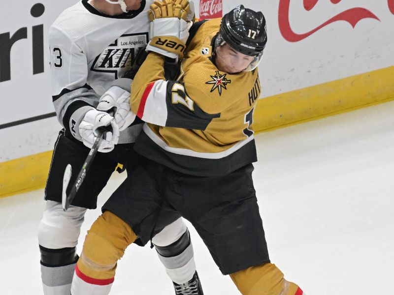 Oct 11, 2022; Los Angeles, California, USA; Vegas Golden Knights defenseman Ben Hutton (17) defends against Los Angeles Kings center Gabriel Vilardi (13) at Crypto.com Arena. Mandatory Credit: Richard Mackson-USA TODAY Sports