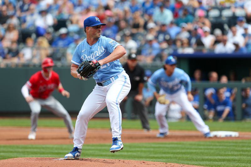 Jun 17, 2023; Kansas City, Missouri, USA; Kansas City Royals starting pitcher Mike Mayers (21) pitches during the first inning of a game against the Los Angeles Angels at Kauffman Stadium. Mandatory Credit: Scott Sewell-USA TODAY Sports