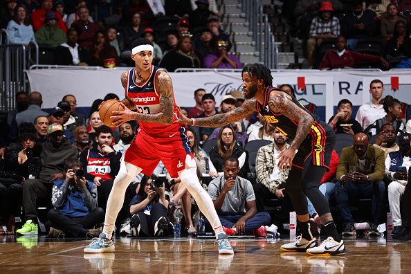 WASHINGTON, DC -? DECEMBER 31: Kyle Kuzma #33 of the Washington Wizards handles the ball during the game against the Atlanta Hawks on December 31, 2023 at Capital One Arena in Washington, DC. NOTE TO USER: User expressly acknowledges and agrees that, by downloading and or using this Photograph, user is consenting to the terms and conditions of the Getty Images License Agreement. Mandatory Copyright Notice: Copyright 2023 NBAE (Photo by Kenny Giarla/NBAE via Getty Images)