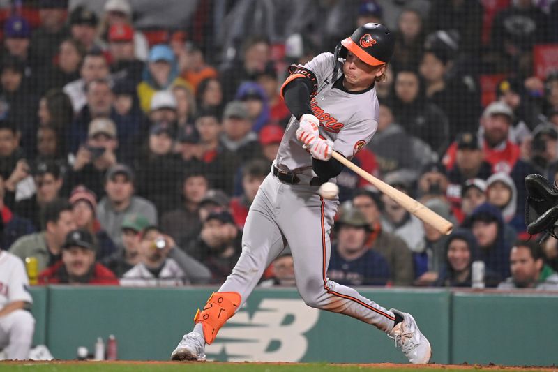 Apr 11, 20024; Boston, Massachusetts, USA; Baltimore Orioles second baseman Jackson Holiday (7) bats against the Boston Red Sox during the eighth inning at Fenway Park. Mandatory Credit: Eric Canha-USA TODAY Sports