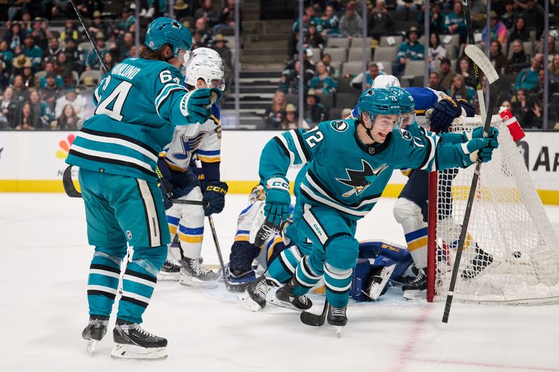 Apr 6, 2024; San Jose, California, USA; San Jose Sharks left wing William Eklund (72) reacts after scoring his second goal of the game against the St. Louis Blues during the second period at SAP Center at San Jose. Mandatory Credit: Robert Edwards-USA TODAY Sports