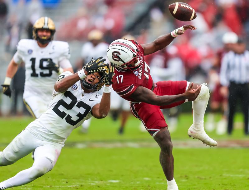 Nov 11, 2023; Columbia, South Carolina, USA; Vanderbilt Commodores defensive back Jaylen Mahoney (23) breaks up a pass intended for South Carolina Gamecocks wide receiver Xavier Legette (17) in the second half at Williams-Brice Stadium. Mandatory Credit: Jeff Blake-USA TODAY Sports