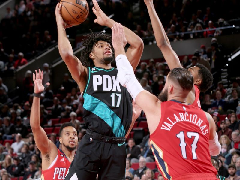 PORTLAND, OR - MARCH 27:  Shaedon Sharpe #17 of the Portland Trail Blazers goes to the basket against the New Orleans Pelicans on March 27, 2023 at the Moda Center Arena in Portland, Oregon. NOTE TO USER: User expressly acknowledges and agrees that, by downloading and or using this photograph, user is consenting to the terms and conditions of the Getty Images License Agreement. Mandatory Copyright Notice: Copyright 2023 NBAE (Photo by Cameron Browne/NBAE via Getty Images)